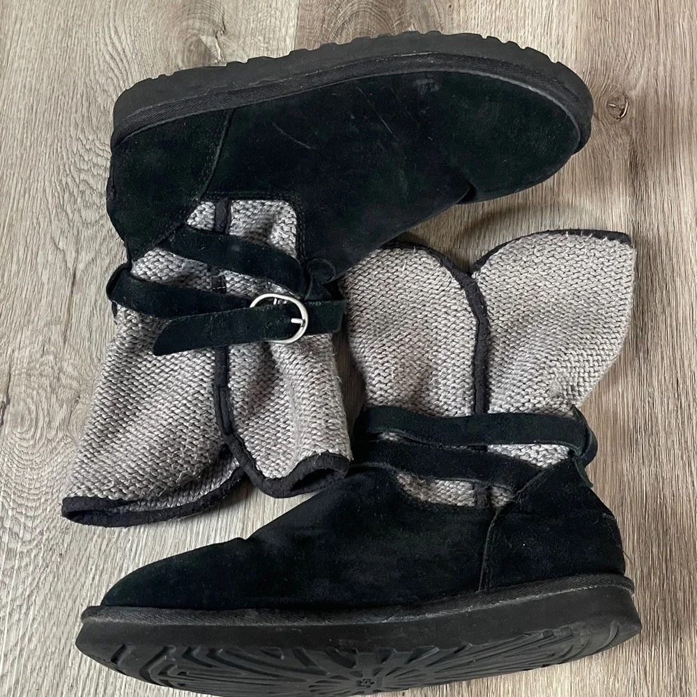 UGG Australia Nyla boots in black suede with a gray knit shaft and buckle strap
